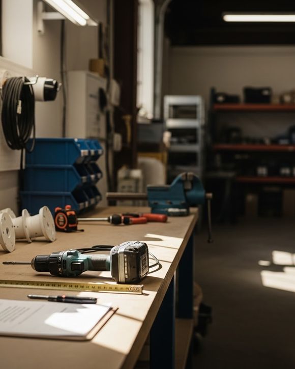 Security professional installing a wall-mounted camera system in a residential or commercial setting, with tools and equipment visible.