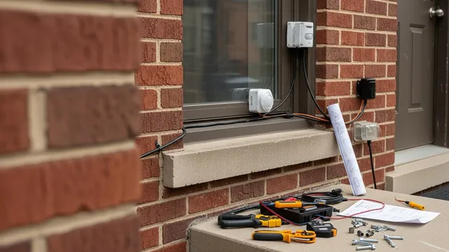 A Security Solutions technician installs a door contact sensor on the rear entry of a Chicago brick two-flat. Motion detectors and a control panel keypad are visible in the background of the finished installation.
