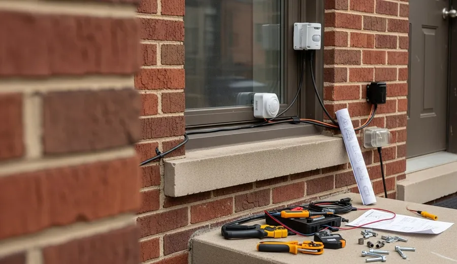 A Security Solutions technician installs a door contact sensor on the rear entry of a Chicago brick two-flat. Motion detectors and a control panel keypad are visible in the background of the finished installation.