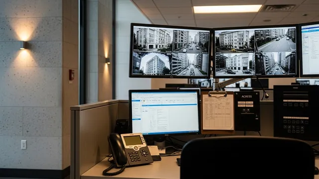 A commercial alarm monitoring control panel mounted inside a Chicago office building, with indicator lights active and door contact sensors visible on a glass entry. A security technician from Security Solutions reviews the system status display.