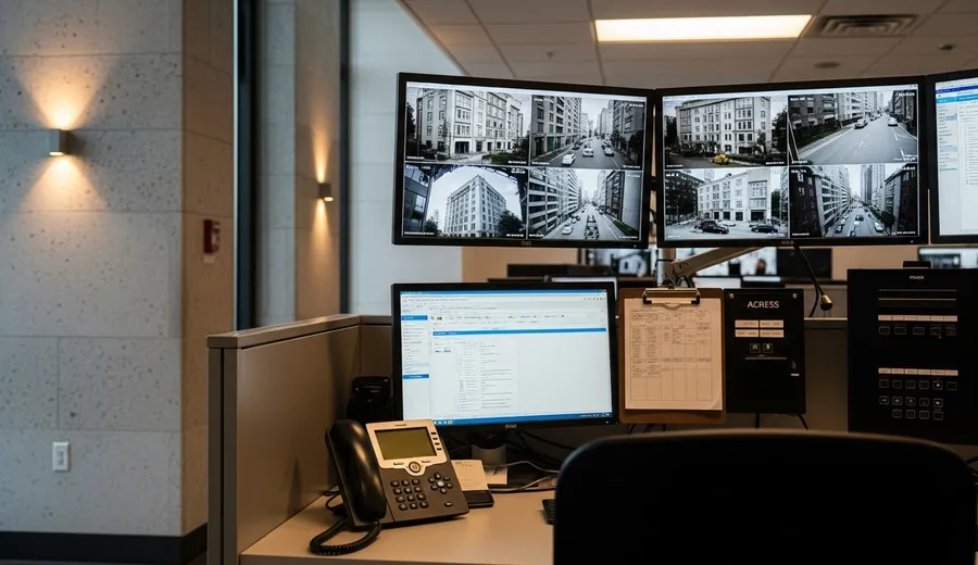 A commercial alarm monitoring control panel mounted inside a Chicago office building, with indicator lights active and door contact sensors visible on a glass entry. A security technician from Security Solutions reviews the system status display.