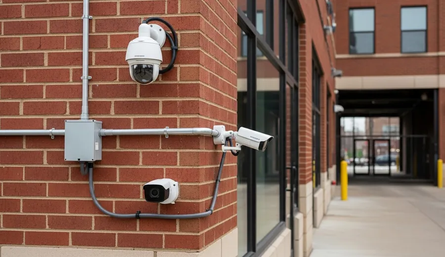 A professionally installed business security camera mounted above the entrance of a Chicago commercial building, with clear sightlines to the parking area and front door. The camera housing is weather-rated for outdoor use in an urban Chicago setting.