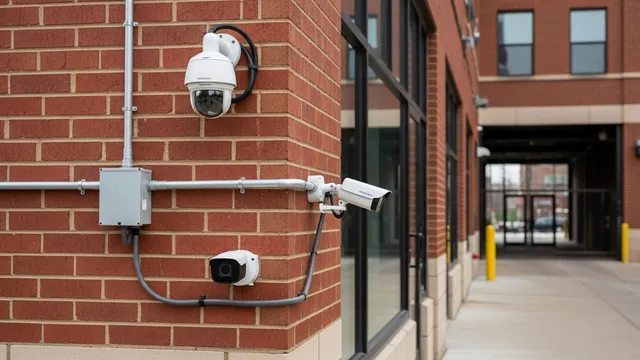 A professionally installed business security camera mounted above the entrance of a Chicago commercial building, with clear sightlines to the parking area and front door. The camera housing is weather-rated for outdoor use in an urban Chicago setting.