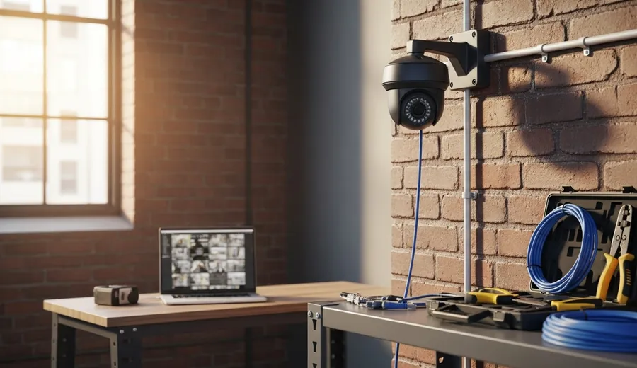 A professional CCTV camera mounted above the entrance of a multi-unit residential building in Chicago, with wiring routed cleanly along a brick exterior wall. A second dome camera is visible at the corner of the building covering the parking area.