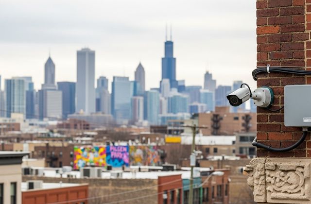 Chicago skyline with residential and commercial buildings representing the diverse neighborhoods Security Solutions protects with ADT-monitored security systems.
