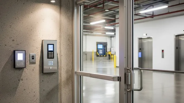 A commercial keycard reader mounted beside a glass entry door in a Chicago office building lobby. A staff member holds a credential card near the reader to gain access to a restricted area.