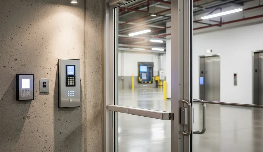 A commercial keycard reader mounted beside a glass entry door in a Chicago office building lobby. A staff member holds a credential card near the reader to gain access to a restricted area.