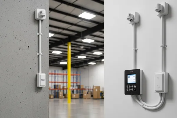 Commercial burglar alarm control panel and perimeter sensors in Aurora manufacturing facility