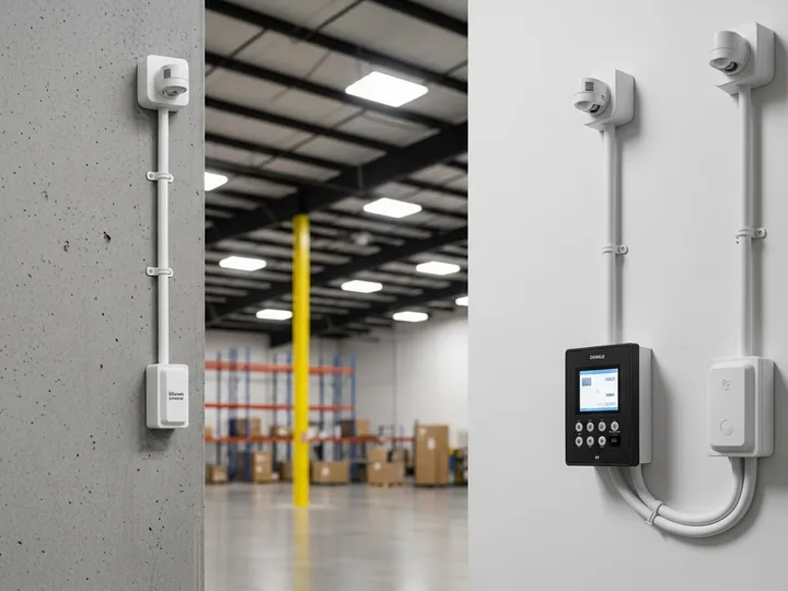 Commercial burglar alarm control panel and perimeter sensors in Aurora manufacturing facility