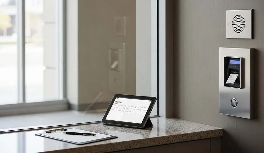 A commercial door entry panel with a keycard reader and video intercom mounted at the lobby entrance of a Chicago office building. A visitor presses the call button while a staff member views the live feed from inside the building.