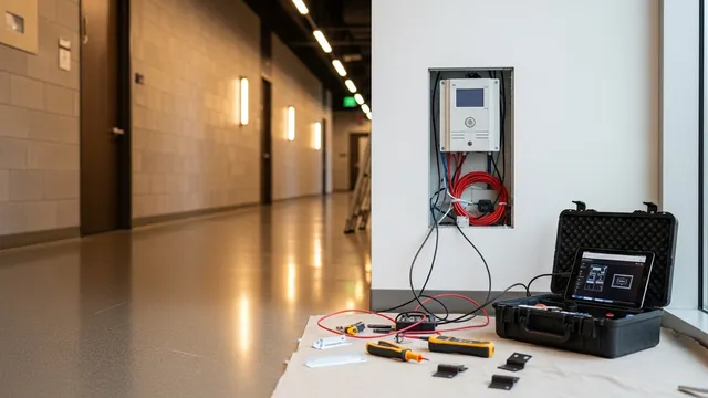 A Security Solutions technician installing an access control panel at the entry of a Chicago commercial office building. Wall-mounted surveillance cameras are visible above the lobby entrance in the background.
