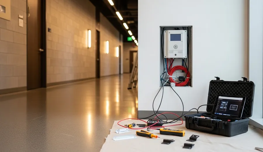 A Security Solutions technician installing an access control panel at the entry of a Chicago commercial office building. Wall-mounted surveillance cameras are visible above the lobby entrance in the background.