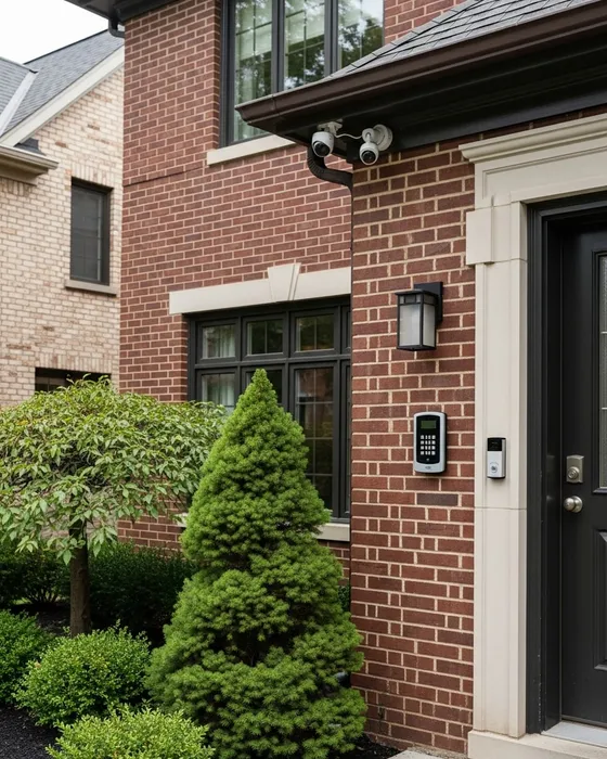 Security camera installed on an Evanston residential property, representing professional home security services in the area.