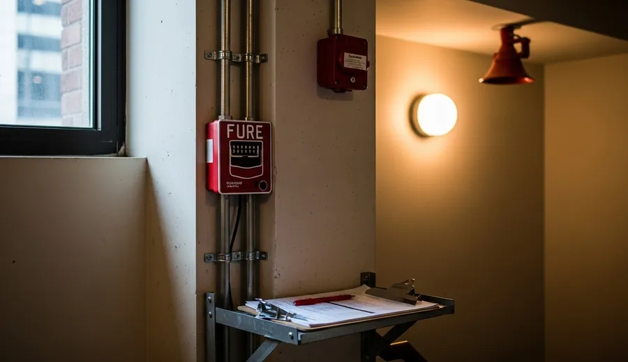 A fire alarm control panel and smoke detector installed on the wall of a Chicago commercial building interior. A security technician reviews the system wiring during a post-installation check.