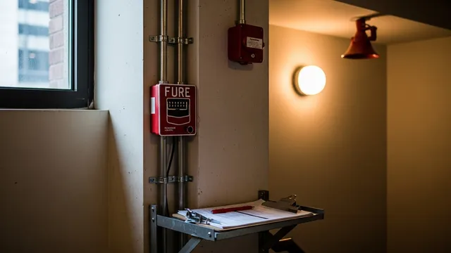 A fire alarm control panel and smoke detector installed on the wall of a Chicago commercial building interior. A security technician reviews the system wiring during a post-installation check.