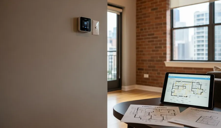 A Security Solutions technician reviewing a home automation plan with a Chicago homeowner inside a residential living room. A tablet displays a smart home control interface showing lighting, locks, and thermostat zones mapped to rooms in the home.