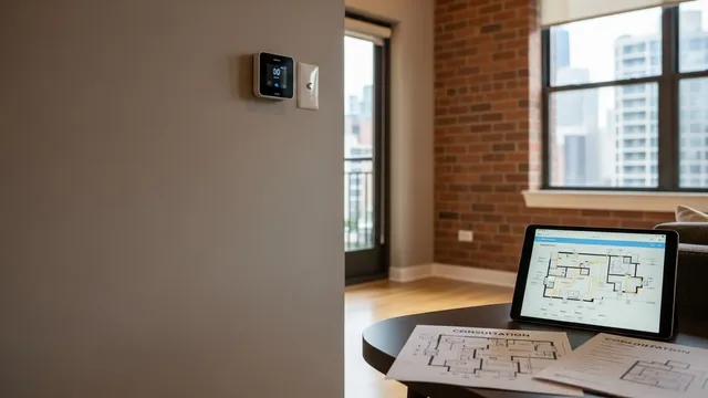 A Security Solutions technician reviewing a home automation plan with a Chicago homeowner inside a residential living room. A tablet displays a smart home control interface showing lighting, locks, and thermostat zones mapped to rooms in the home.