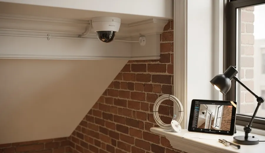 A professionally installed indoor security camera mounted near the entry door of a Chicago residential unit, with clean cable routing along the wall. The camera is positioned to cover the interior hallway and front door access point.
