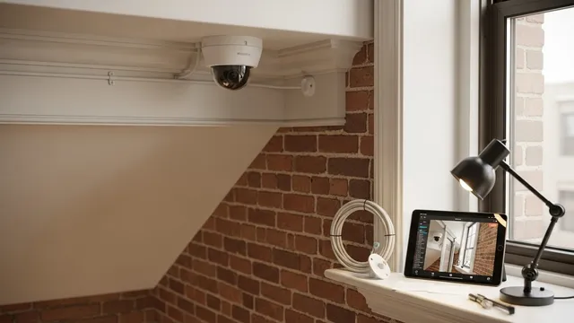 A professionally installed indoor security camera mounted near the entry door of a Chicago residential unit, with clean cable routing along the wall. The camera is positioned to cover the interior hallway and front door access point.