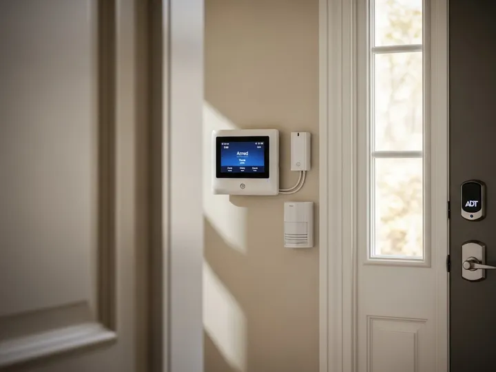 Professional home security system control panel and door sensors installed in Hinsdale residence