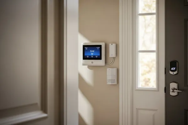 Professional home security system control panel and door sensors installed in Hinsdale residence