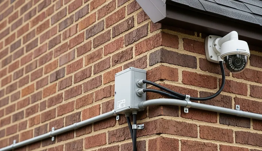 A professionally installed outdoor security camera mounted on the exterior brick wall of a Chicago residential property, positioned to cover the front entrance and driveway. The camera housing shows weatherproof construction suited for year-round outdoor use in an urban Chicago setting.