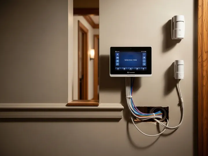 ADT Command Panel mounted on wall with wired door and window sensors installed
