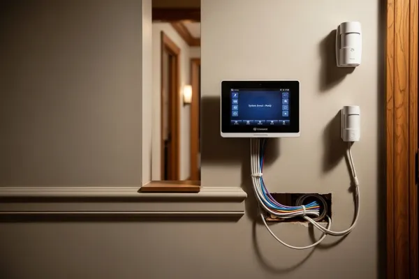 ADT Command Panel mounted on wall with wired door and window sensors installed