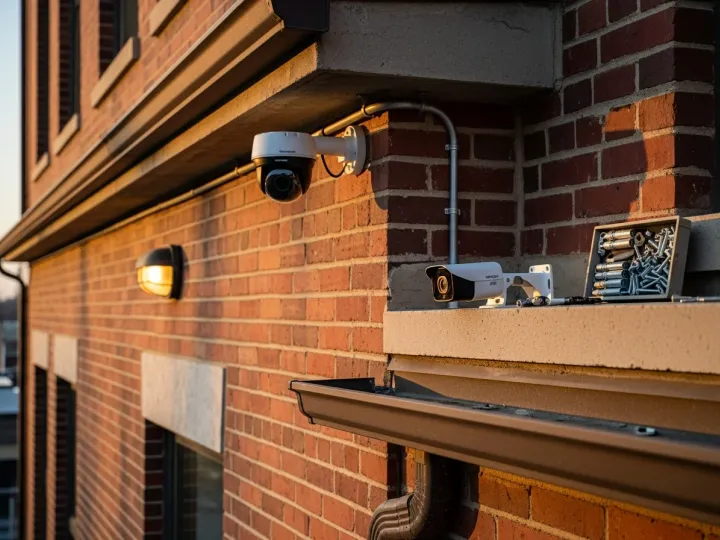 Weatherproof HD surveillance camera mounted on building exterior with clear sightline to parking area and entrance