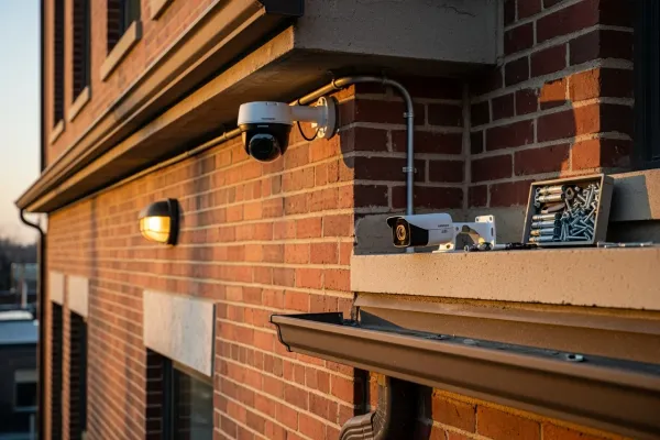 Weatherproof HD surveillance camera mounted on building exterior with clear sightline to parking area and entrance