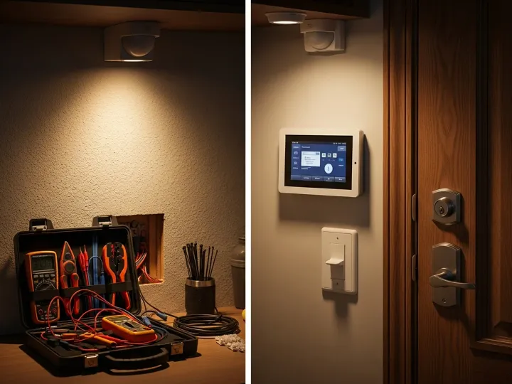 Smart home security panel with integrated controls, automated door lock installation, and motion sensor devices mounted on interior walls
