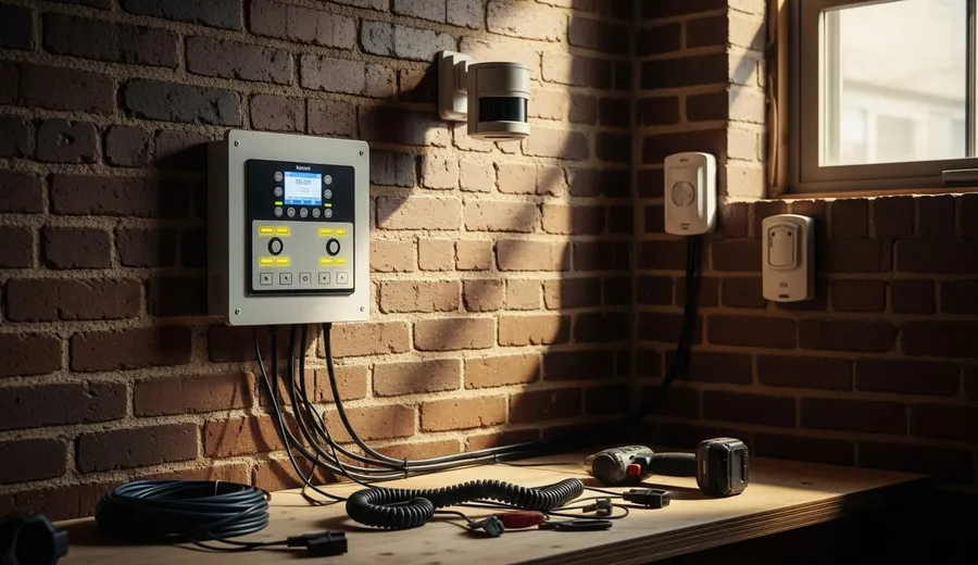 A professionally installed home security control panel mounted near the front door of a Chicago brick bungalow, with door sensors visible on the frame. An outdoor camera is positioned above the rear alley-facing garage door, covering the gangway access point.