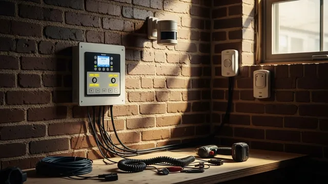A professionally installed home security control panel mounted near the front door of a Chicago brick bungalow, with door sensors visible on the frame. An outdoor camera is positioned above the rear alley-facing garage door, covering the gangway access point.