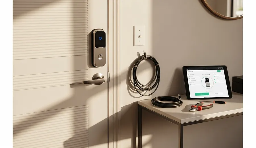 A Chicago homeowner using a smartphone app to remotely unlock a keypad-equipped front door entry system. The property shows a modern residential building with a wall-mounted access control panel beside the main entrance.