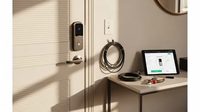 A Chicago homeowner using a smartphone app to remotely unlock a keypad-equipped front door entry system. The property shows a modern residential building with a wall-mounted access control panel beside the main entrance.