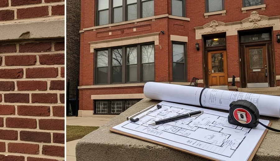A security consultant reviewing a building layout diagram with a Chicago property owner at a table, with a two-flat residential building visible through the window. Camera placement and access control zones are marked on the floor plan.