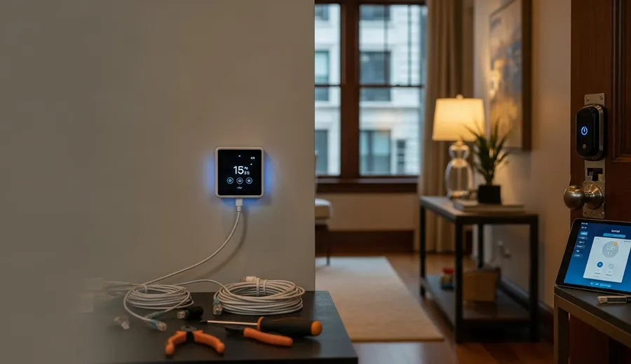 A Chicago home interior showing a wall-mounted smart control panel with lighting and security camera feeds active. A technician from Security Solutions completes device setup near a front entryway with a smart lock and video doorbell installed.