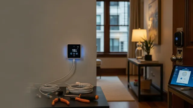 A Chicago home interior showing a wall-mounted smart control panel with lighting and security camera feeds active. A technician from Security Solutions completes device setup near a front entryway with a smart lock and video doorbell installed.