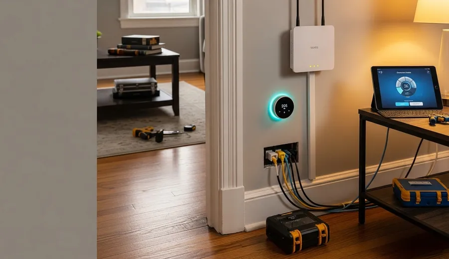 A Chicago homeowner using a smartphone app to control smart locks and lighting inside a renovated greystone. The screen shows a connected home dashboard with security and climate controls active.