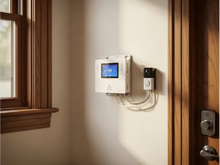Smart home security panel and mobile app interface installed in Lincoln Park brownstone