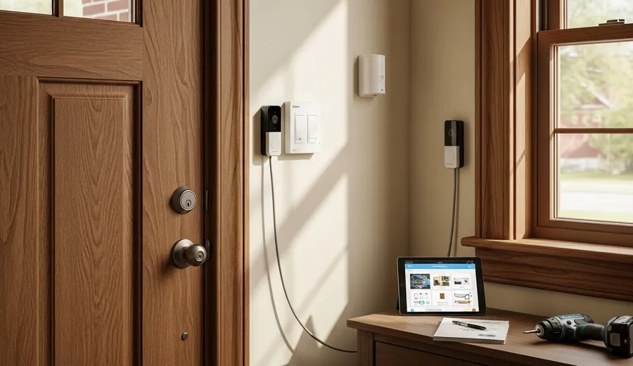 A Chicago two-flat home with a smart video doorbell and outdoor security camera mounted near the front entry and alley-facing garage door. A homeowner views a live camera feed on a smartphone showing the front porch and side gangway.