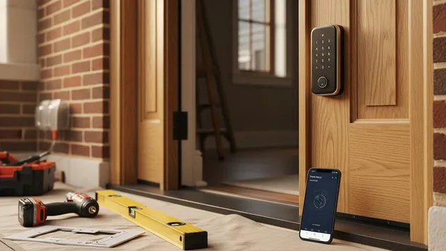 A newly installed smart lock on the front entry door of a Chicago brick two-flat, showing the keypad and door hardware in place. A resident uses a smartphone app to confirm the lock is secured from inside the home.