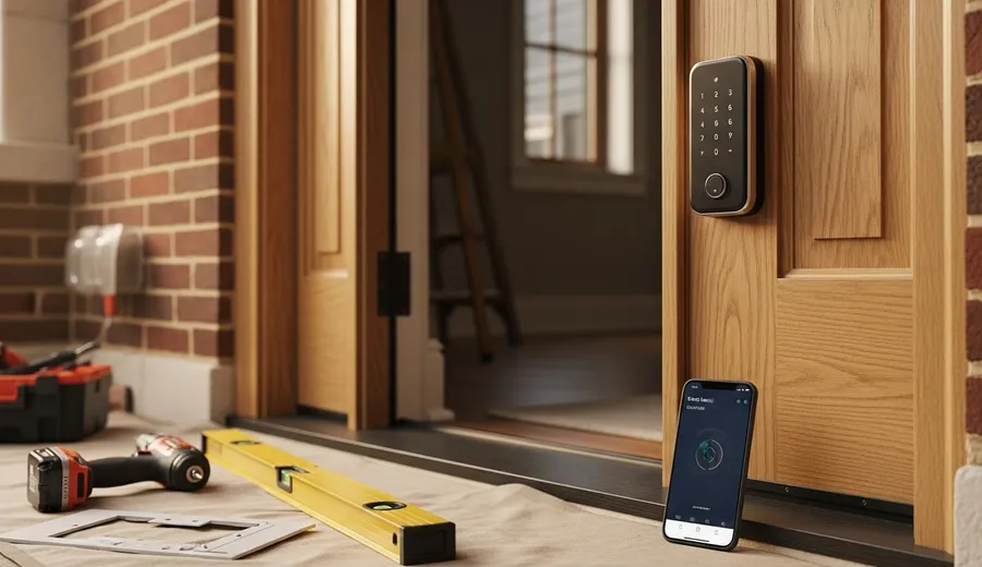 A newly installed smart lock on the front entry door of a Chicago brick two-flat, showing the keypad and door hardware in place. A resident uses a smartphone app to confirm the lock is secured from inside the home.