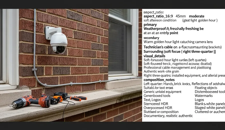 A licensed technician mounting a smart surveillance camera above the rear entry door of a Chicago brick two-flat building. A smartphone in the foreground displays a live remote viewing feed from the installed camera.