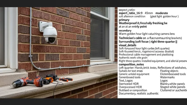 A licensed technician mounting a smart surveillance camera above the rear entry door of a Chicago brick two-flat building. A smartphone in the foreground displays a live remote viewing feed from the installed camera.
