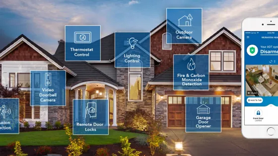 Modern brick home with smart security system features labeled including cameras, door locks, and mobile app interface