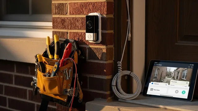 A video doorbell mounted on the brick exterior of a Chicago residential home, showing the front entry door and stoop. The device is positioned at eye level with visible wiring routed cleanly along the door frame.