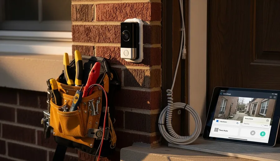 A video doorbell mounted on the brick exterior of a Chicago residential home, showing the front entry door and stoop. The device is positioned at eye level with visible wiring routed cleanly along the door frame.
