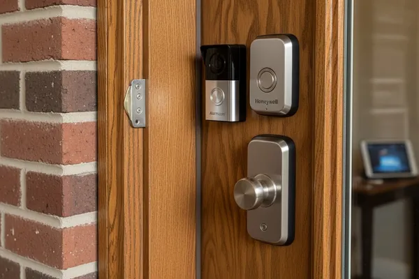 Video doorbell and smart lock installed on front entrance of Evanston home